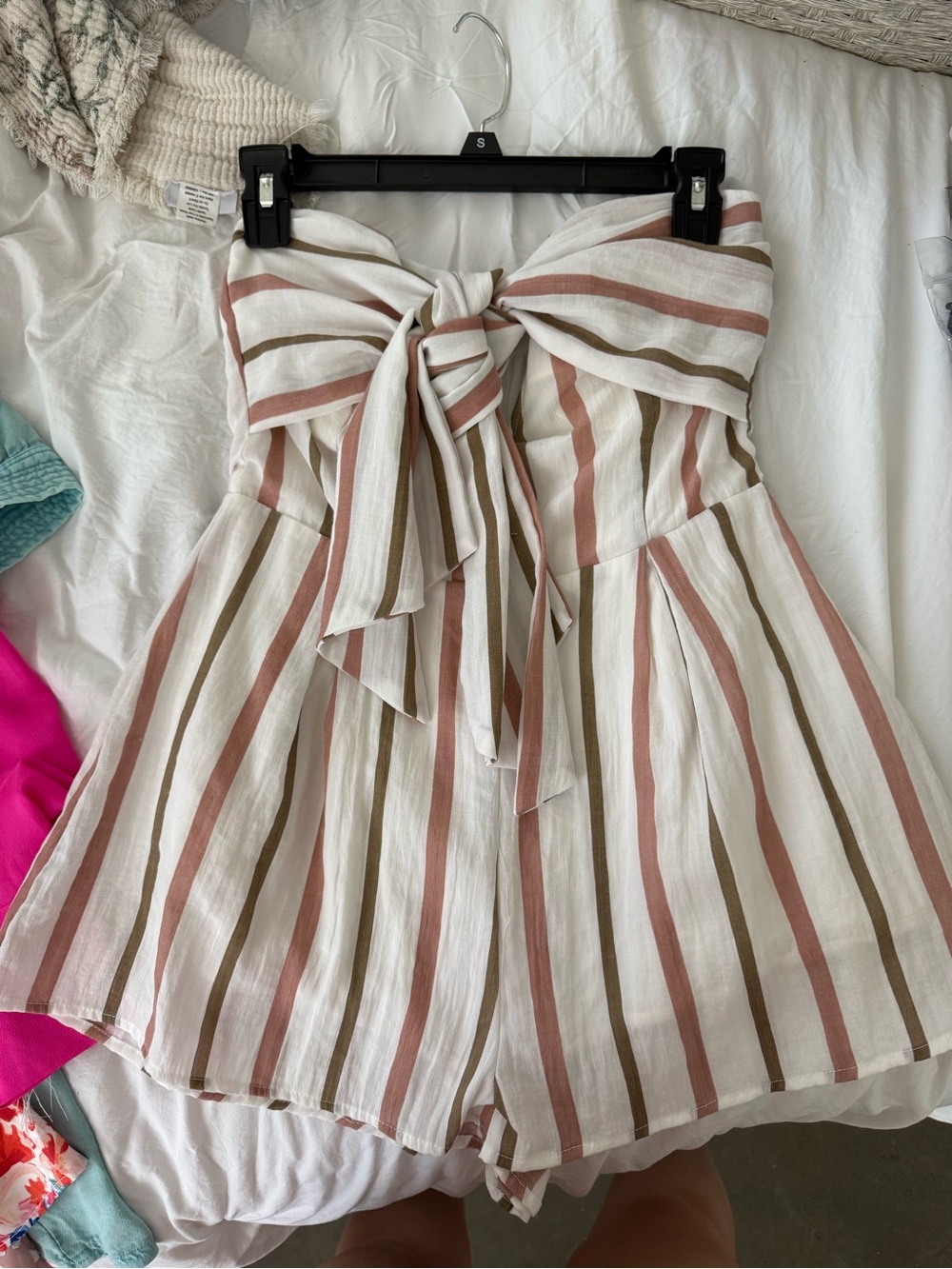 Blue Blush Cream, Rust & Olive Striped Strapless Romper